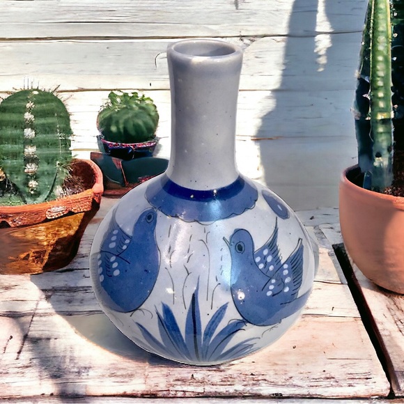 Tonala Other - Vintage Tonala Mexican Pottery Vase Blue Birds Butterflies Floral 8.5" Signed VG